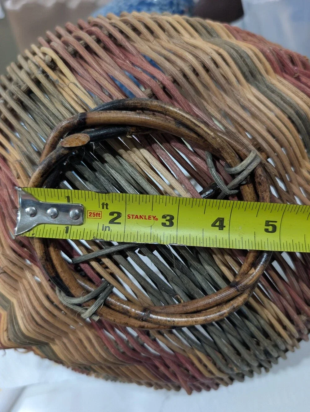 Large Vintage Handwoven Multicolored Natural‎ Woven Rattan Basket with Handle